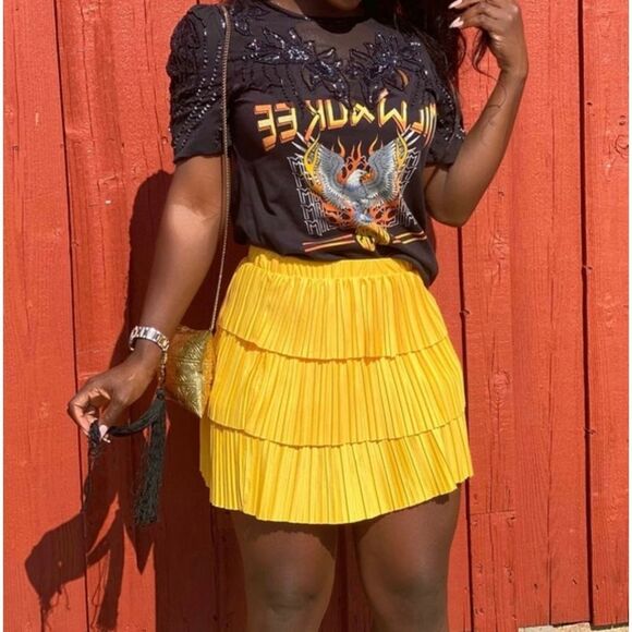 Zara EUC Pleated Mustard Yellow Mini Skirt Size S Tiered - Picture 4 of 10
